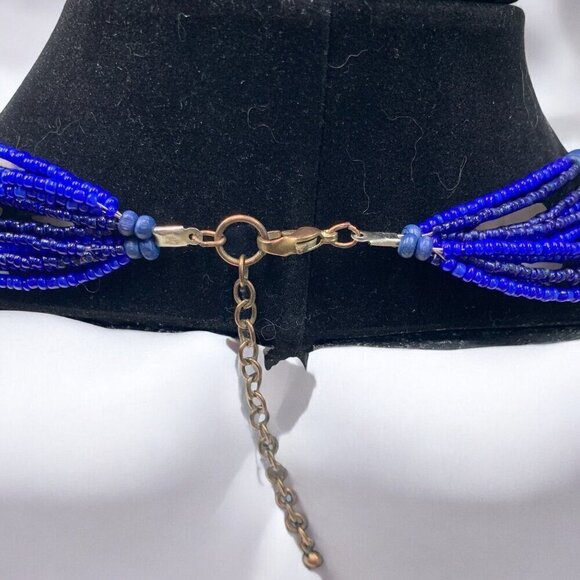 Cobalt Blue & Gold Bib Style Multi Strand Princess Necklace Boho Tribal 18"L - Picture 4 of 5